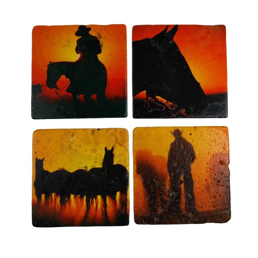 HiEnd Accents Stone Cowboy Coasters Set of 4 Cork Back Horse Orange Black Square